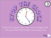 Stop the clock 3. 12 1 2 3 4 5 6 7 8 9 10 11 Drag the five digital times to correct analogue clock then press STOP THE CLOCK record your time. Play Best Time : 88 minutes seconds taken Main Well done...
