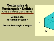 Area and volume calculations - rectangles and rectangular solids. Rectangles & Rectangular Solids: Area Volume Calculations of a Rectangle = Length x Width Surface Solid L W H Top ( ) Bottom =2 + Front(H W) Back(H 2 Right Side= Left =2( X 2( =Area Height V o l u m e...
